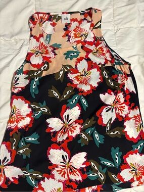 CAbi Peach Floral Sleeveless Shell with Red & Teal Accents